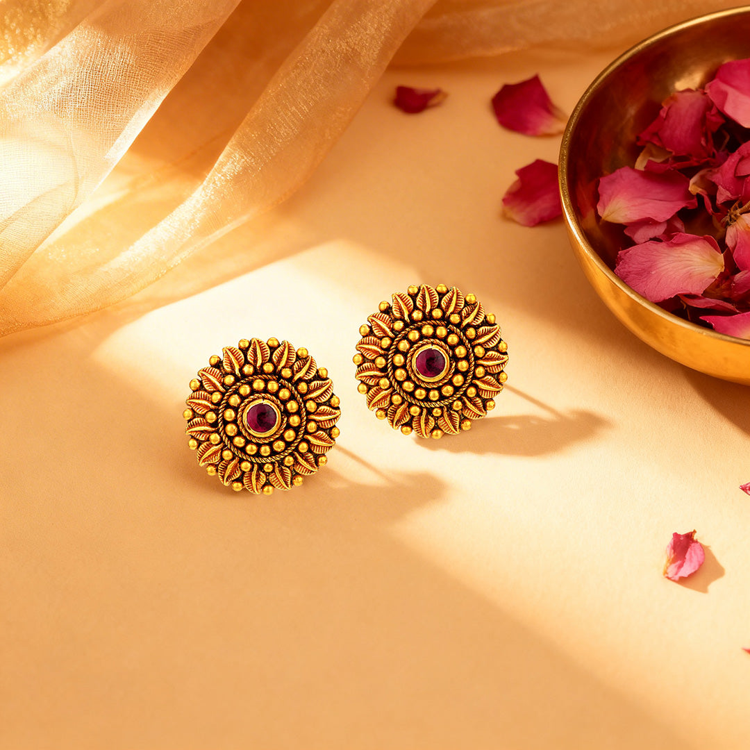 Golden Floral Ruby Bloom 925 Sterling Silver Earrings for Women