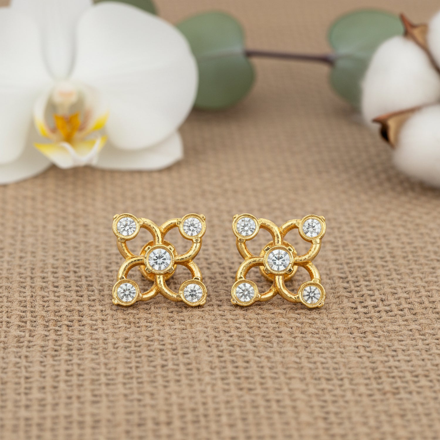 Golden Four Petal 925 Sterling Silver CZ Stud for Women