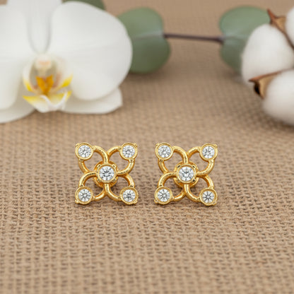 Golden Four Petal 925 Sterling Silver CZ Stud for Women