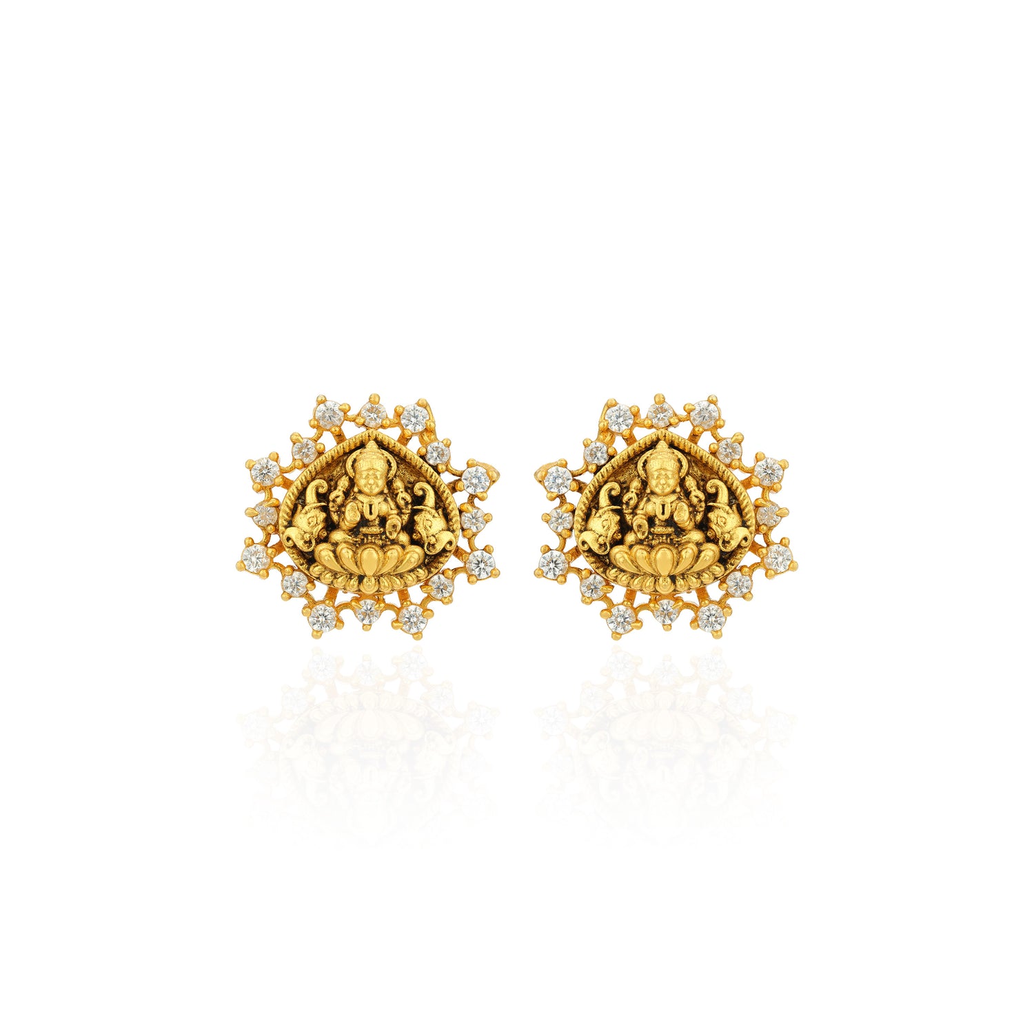 Golden Gaja Lakshmi Lotus CZ Frame 925 Sterling Silver Temple Earrings for Women