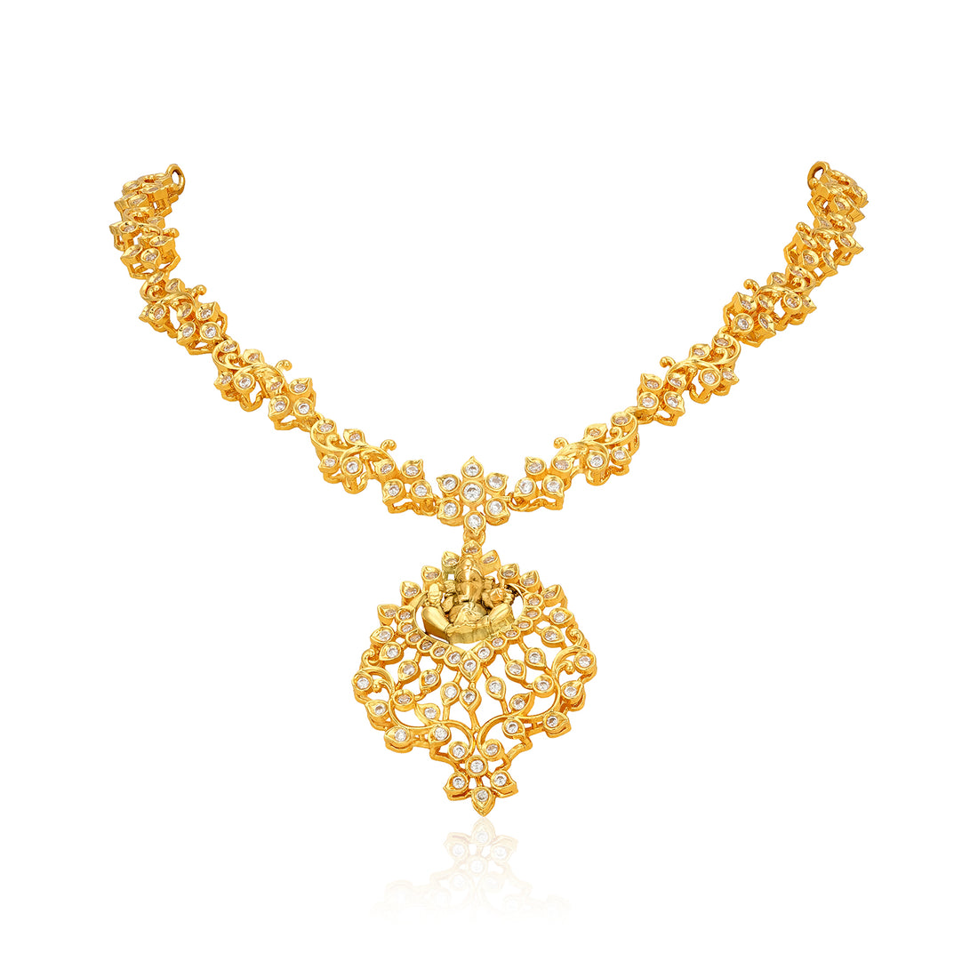 Golden Ganesha Floral Pattern CZ Temple 925 Sterling Silver Necklace for Women