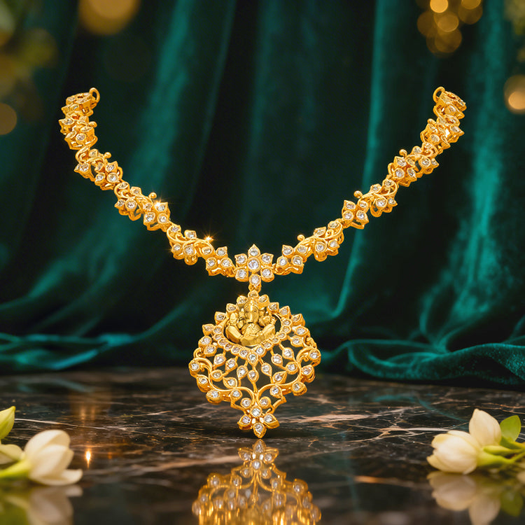 Golden Ganesha Floral Pattern CZ Temple 925 Sterling Silver Necklace for Women