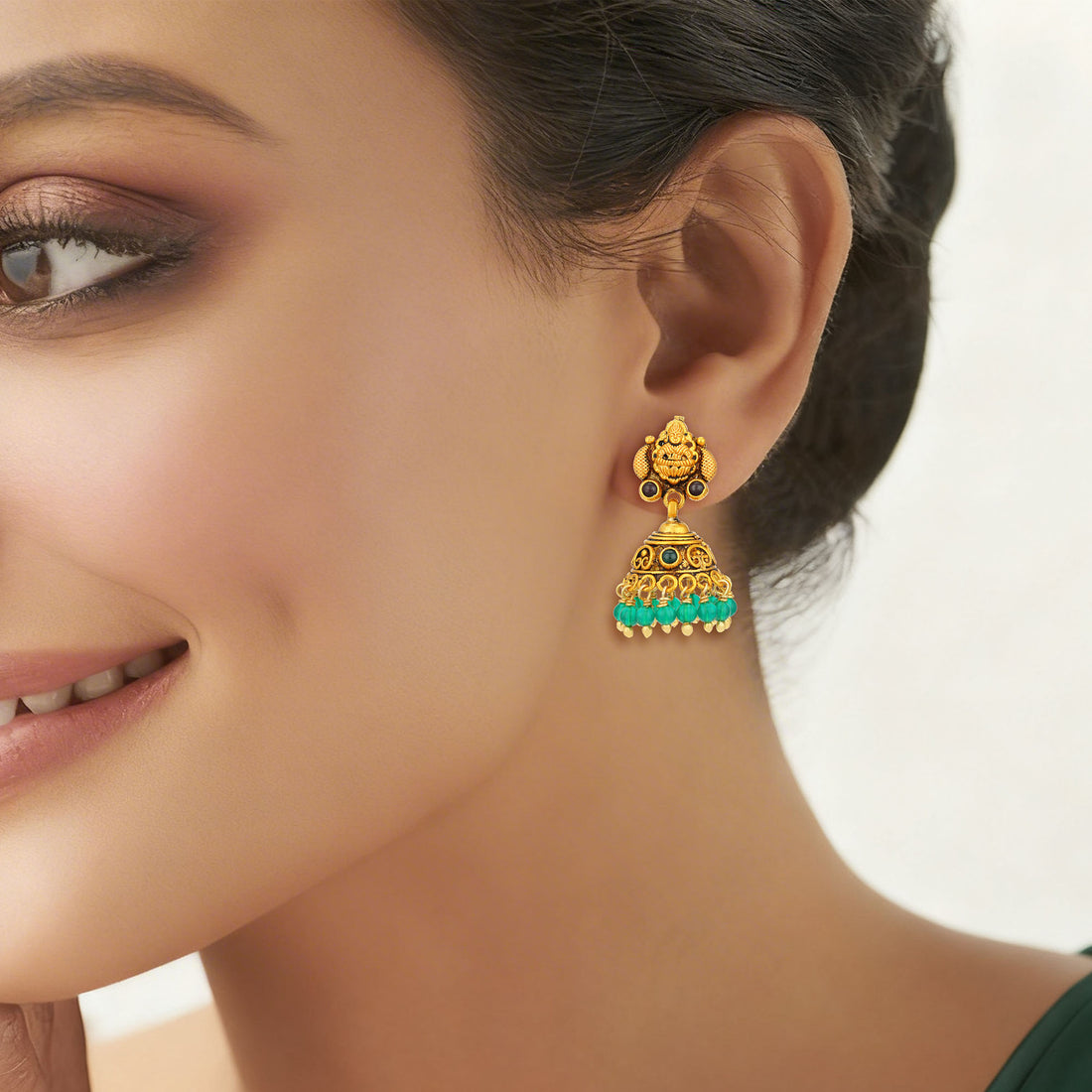 Golden Goddess Lakshmi 925 Sterling Silver Green Bead Drop Jhumka for Women