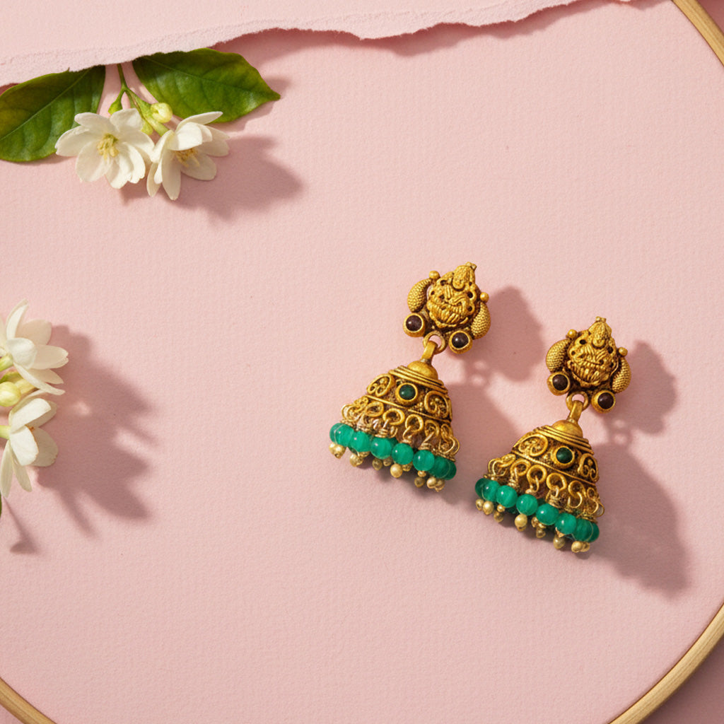 Golden Goddess Lakshmi 925 Sterling Silver Green Bead Drop Jhumka for Women