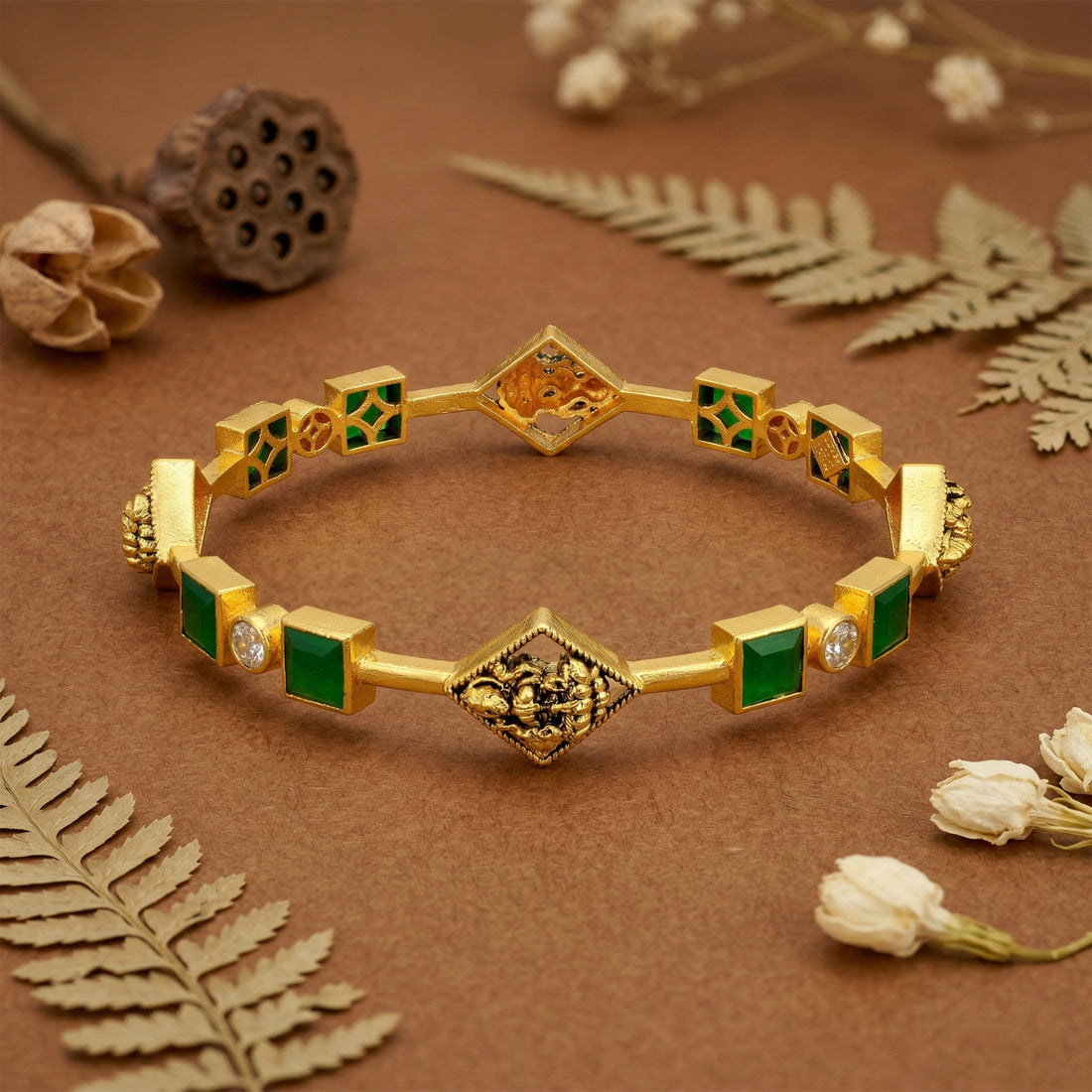 Golden Goddess Lakshmi Embedded 925 Sterling Silver Green Stone Bangle for Women
