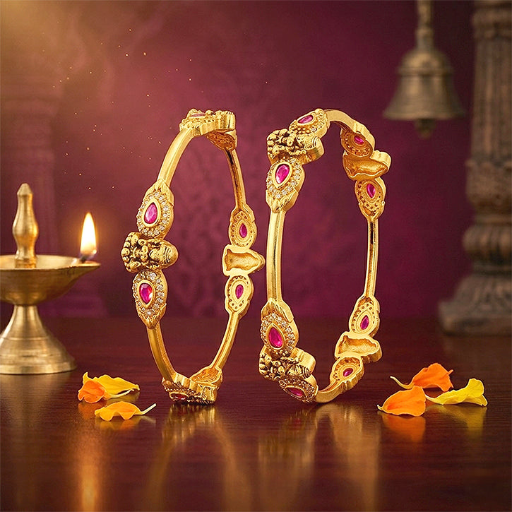 Golden Goddess Lakshmi Embedded Twin Pink Stone 925 Sterling Silver Bangle for Women