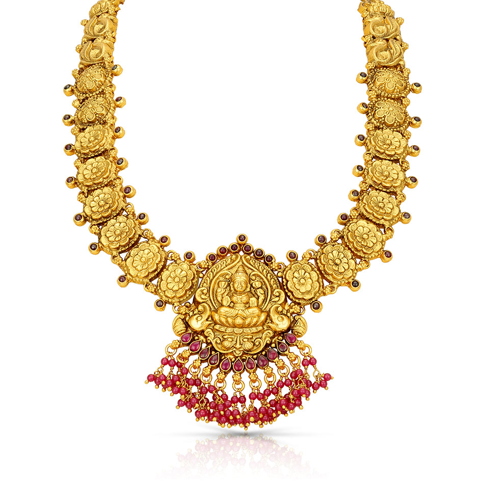 Golden Goddess Lakshmi Floral Motif 925 Sterling Silver Bead Drop Haram for Women