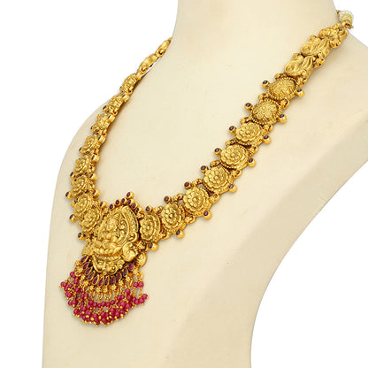 Golden Goddess Lakshmi Floral Motif 925 Sterling Silver Bead Drop Haram for Women