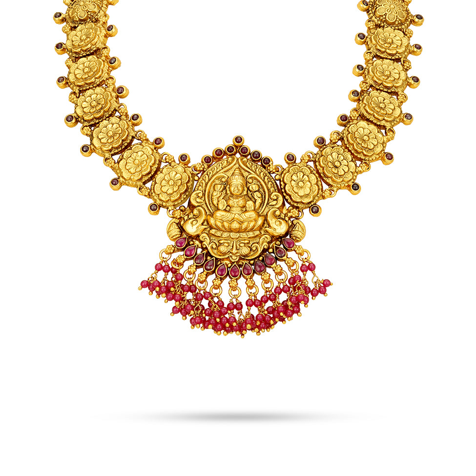 Golden Goddess Lakshmi Floral Motif 925 Sterling Silver Bead Drop Haram for Women