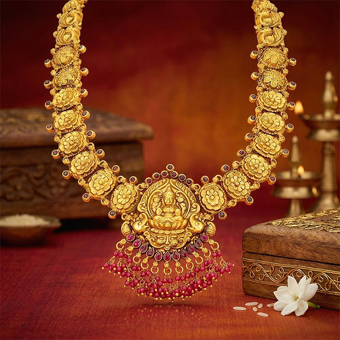Golden Goddess Lakshmi Floral Motif 925 Sterling Silver Bead Drop Haram for Women