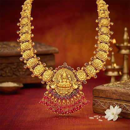Golden Goddess Lakshmi Floral Motif 925 Sterling Silver Bead Drop Haram for Women