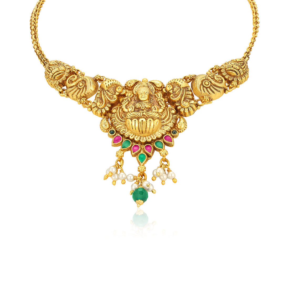 Golden Goddess Lakshmi Lotus Peacock Motif 925 Sterling Silver Pearl Green Drop Necklace for Women