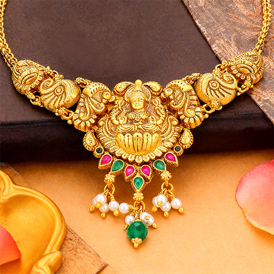 Golden Goddess Lakshmi Lotus Peacock Motif 925 Sterling Silver Pearl Green Drop Necklace for Women