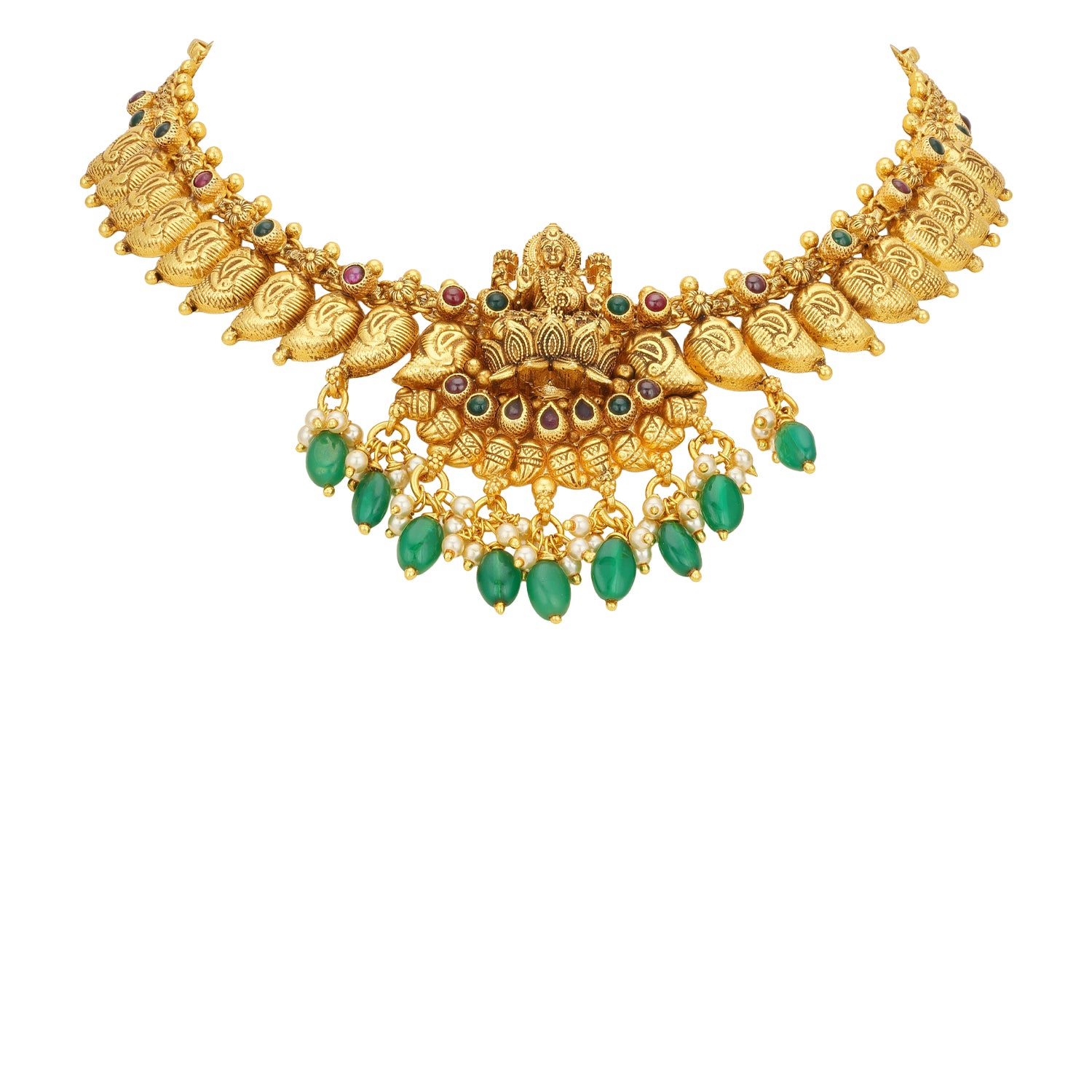 Golden Goddess Lakshmi Motif 925 Sterling Silver Green Drop Necklace for Women