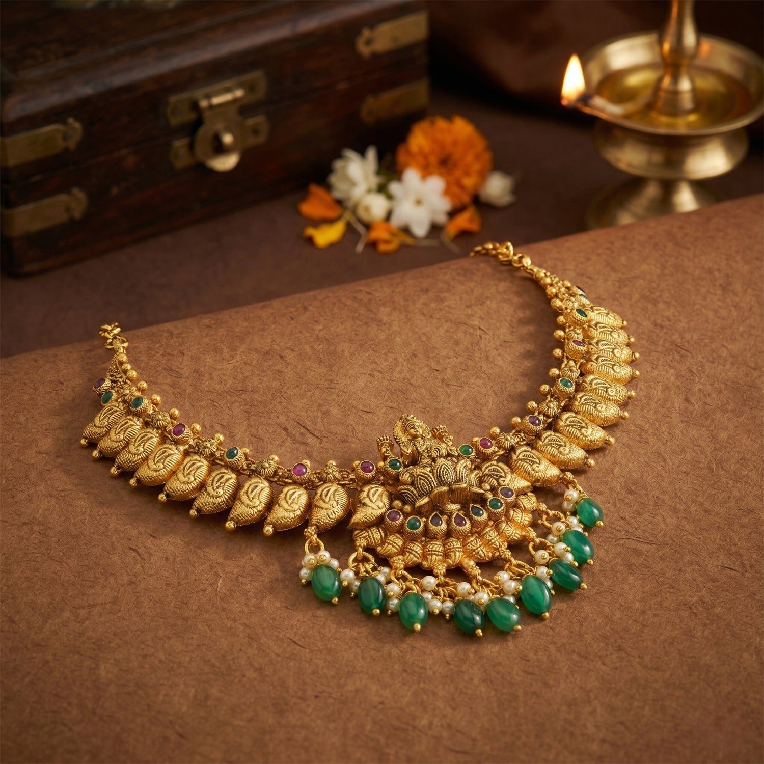 Golden Goddess Lakshmi Motif 925 Sterling Silver Green Drop Necklace for Women