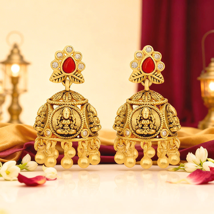 Golden Goddess Lakshmi Motif 925 Sterling Silver Jhumka for Women