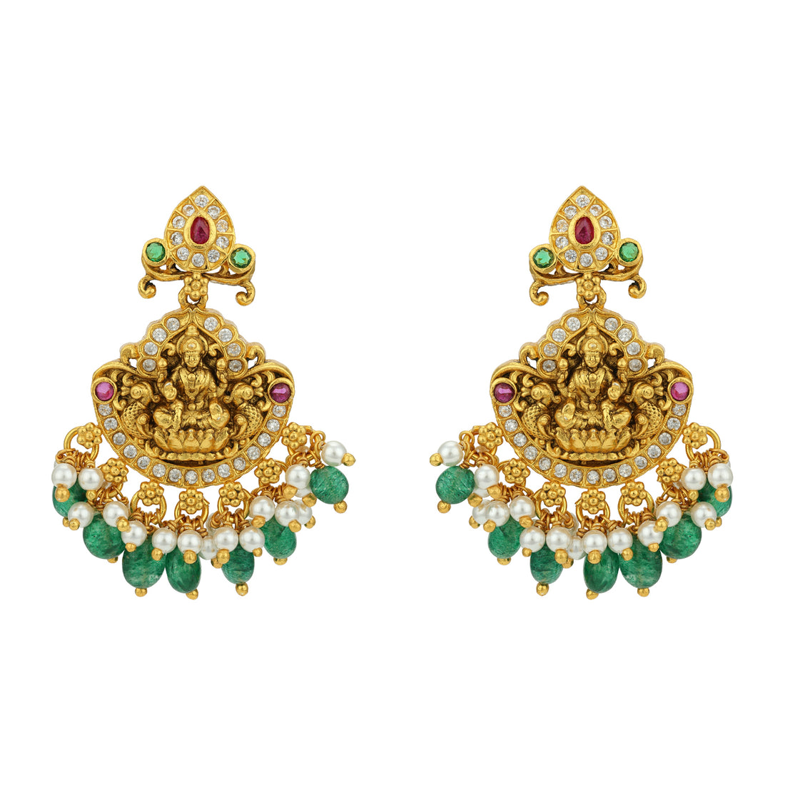 Golden Goddess Lakshmi Peacock Dangle 925 Sterling Silver Green Bead Drop Earring for Women