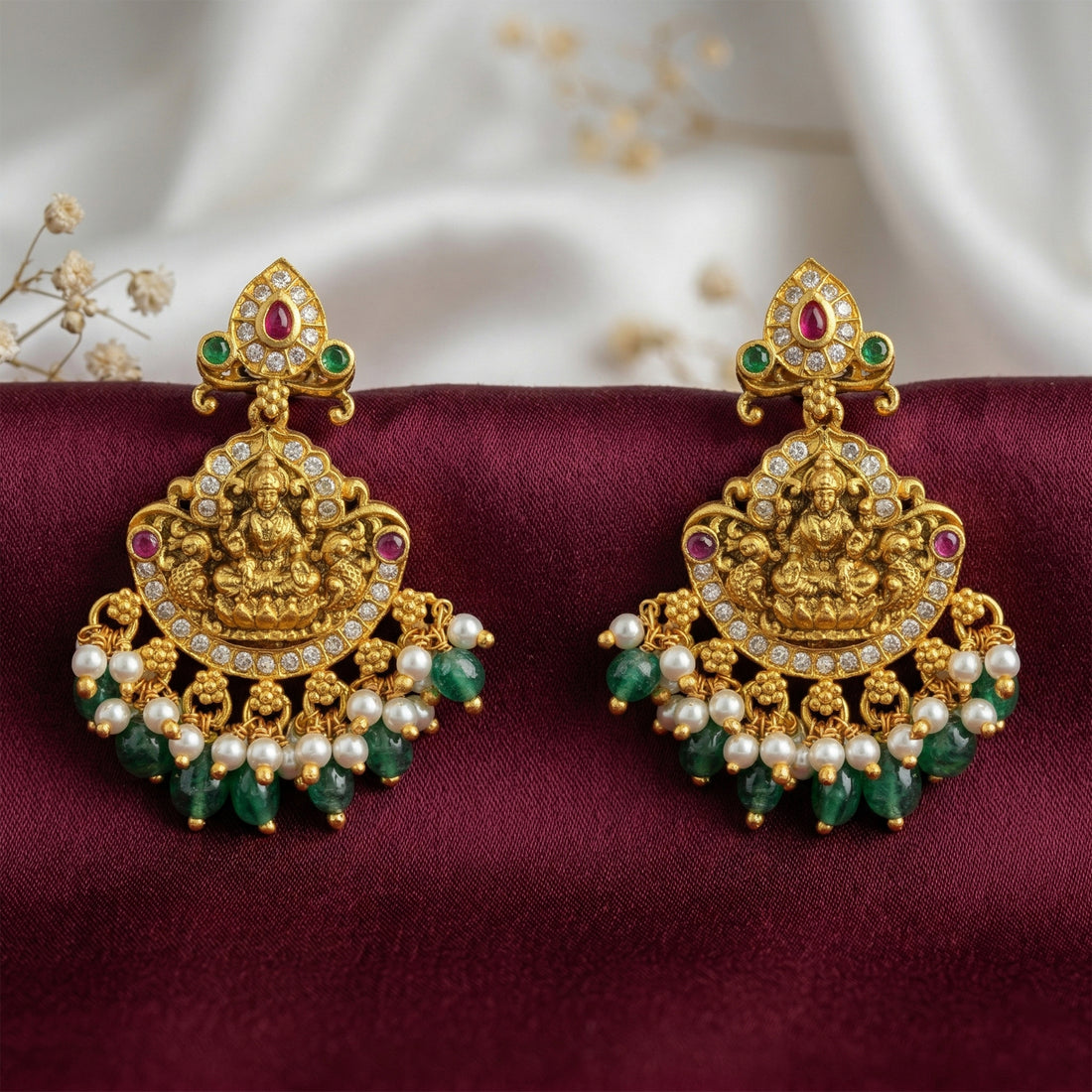 Golden Goddess Lakshmi Peacock Dangle 925 Sterling Silver Green Bead Drop Earring for Women