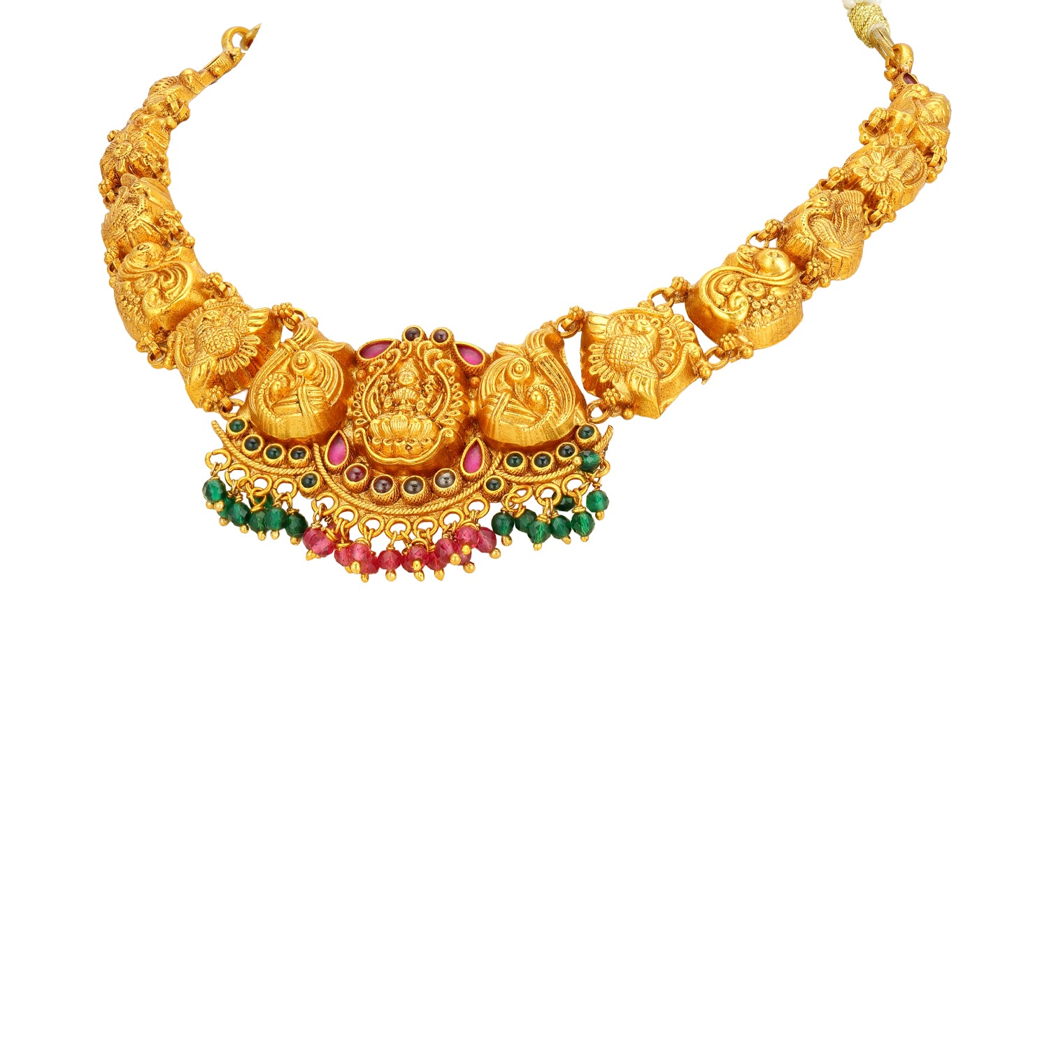 Golden Goddess Lakshmi Peacock Motif 925 Sterling Silver Green Pink Drop Necklace for Women 