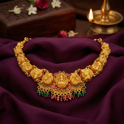 Golden Goddess Lakshmi Peacock Motif 925 Sterling Silver Green Pink Drop Necklace for Women 