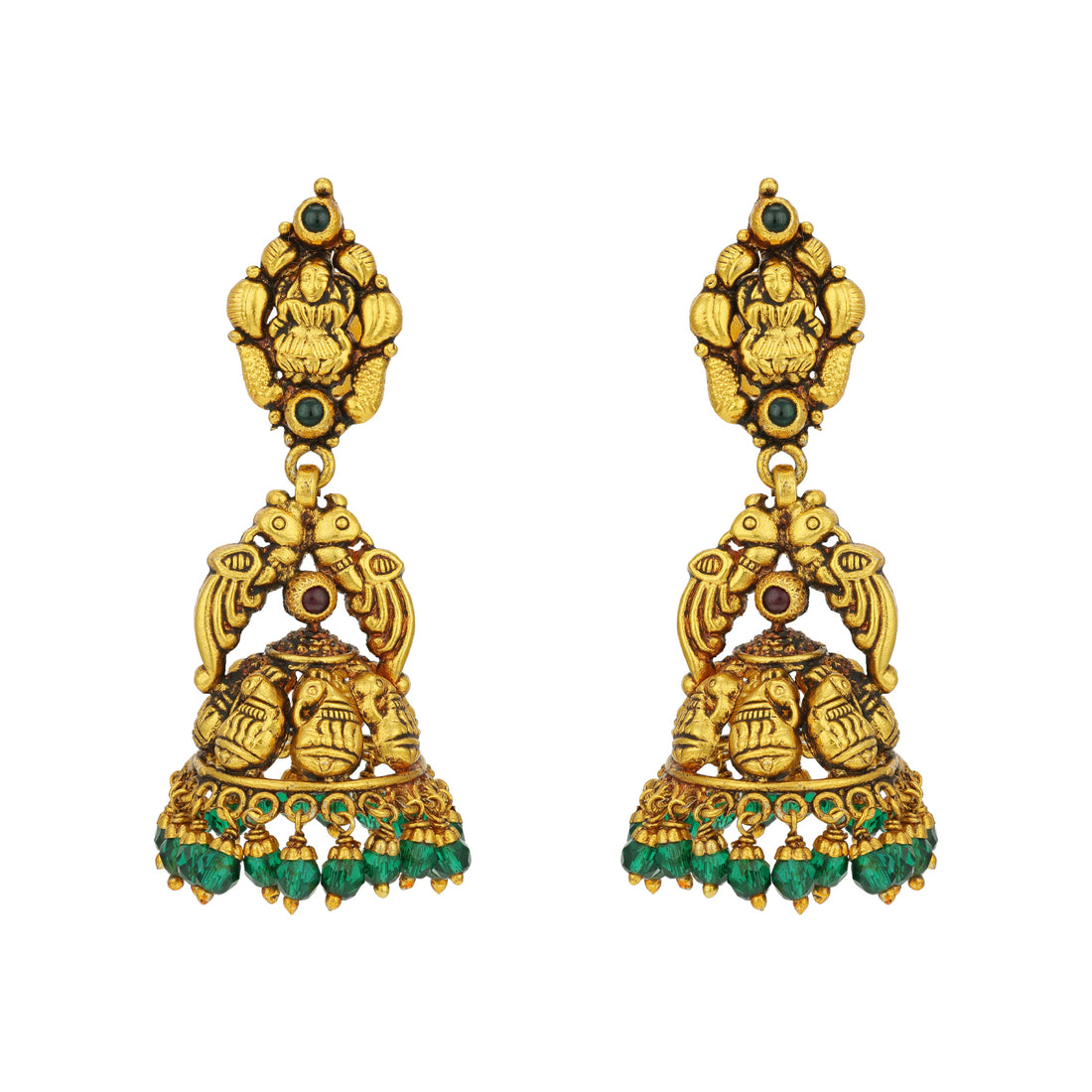 Golden Goddess Lakshmi Peacock Motif 925 Sterling Silver Paisley Green Bead Drop Jhumka for Women