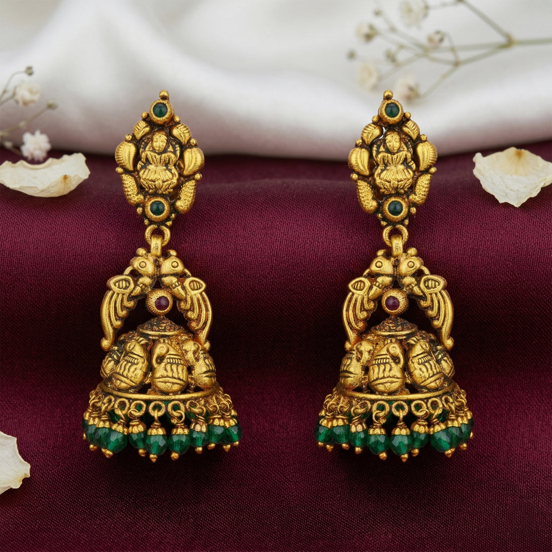 Golden Goddess Lakshmi Peacock Motif 925 Sterling Silver Paisley Green Bead Drop Jhumka for Women