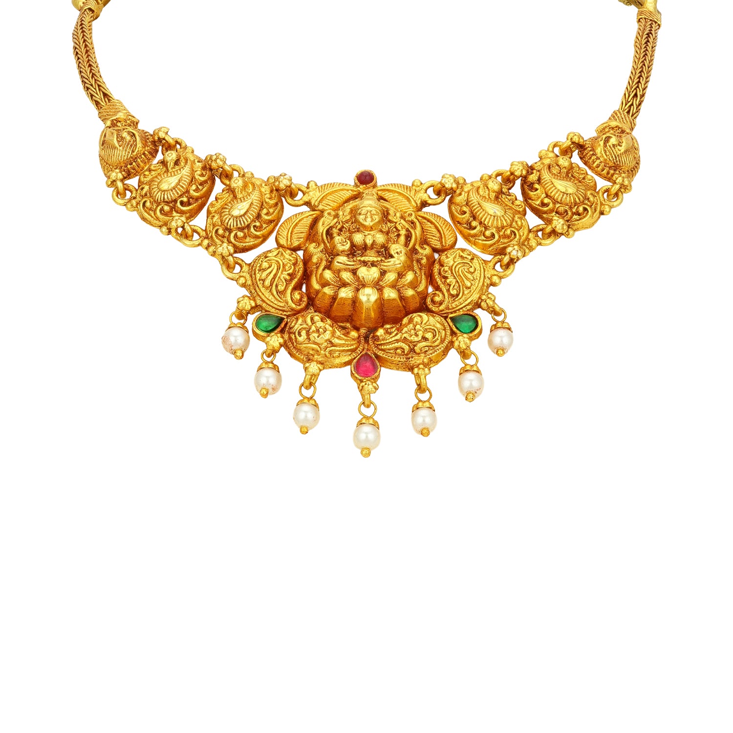 Golden Goddess Lakshmi Peacock Motif 925 Sterling Silver Pearl Drop Necklace for Women