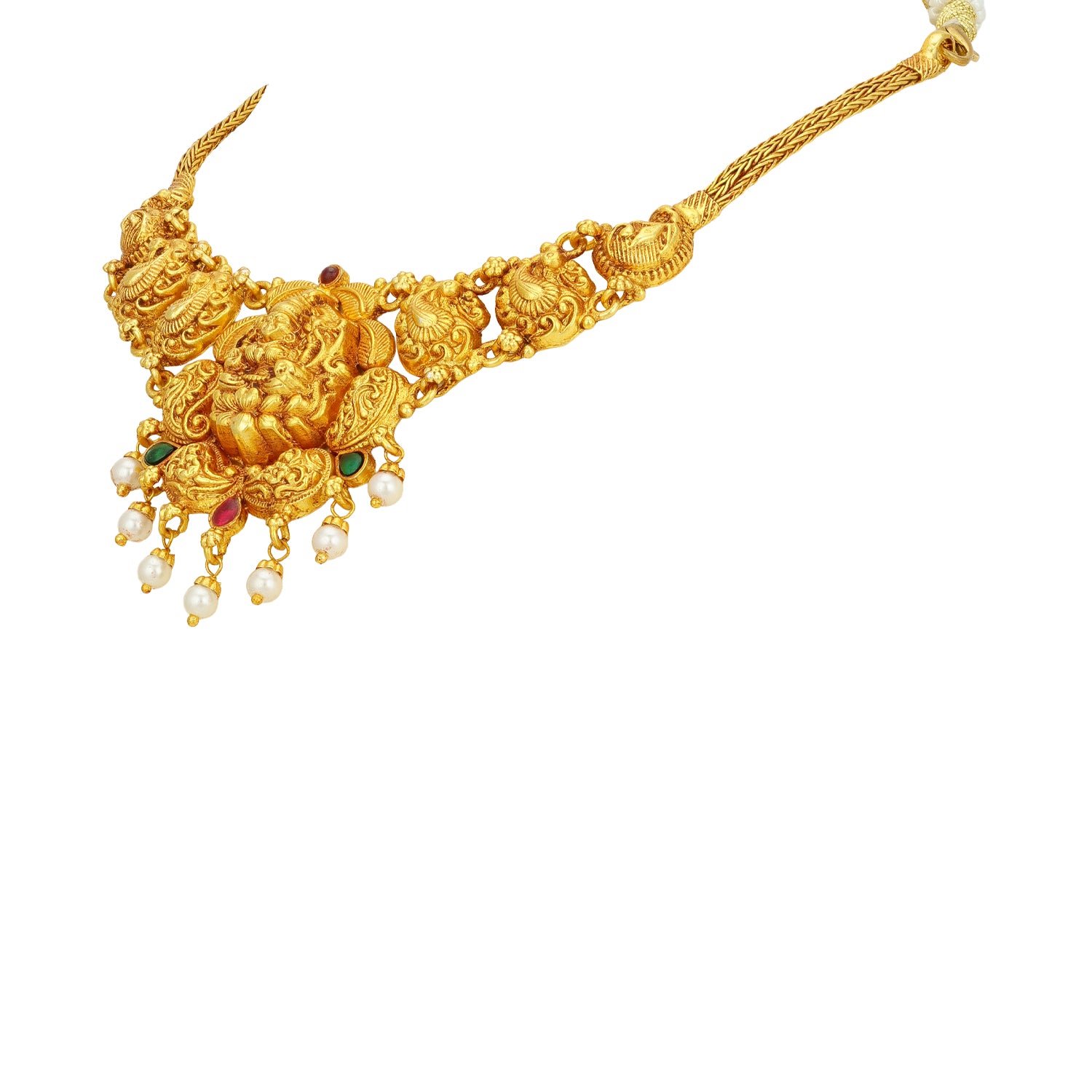 Golden Goddess Lakshmi Peacock Motif 925 Sterling Silver Pearl Drop Necklace for Women