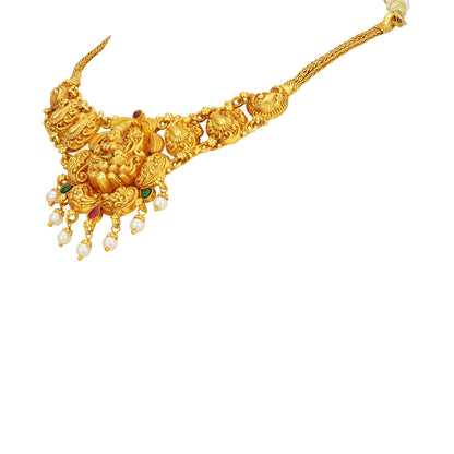 Golden Goddess Lakshmi Peacock Motif 925 Sterling Silver Pearl Drop Necklace for Women