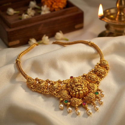 Golden Goddess Lakshmi Peacock Motif 925 Sterling Silver Pearl Drop Necklace for Women