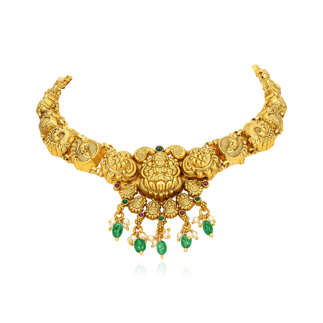 Golden Goddess Lakshmi Peacock Motif 925 Sterling Silver Pearl Green Drop Necklace for Women