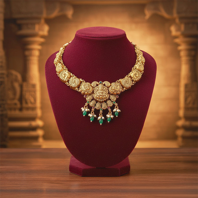 Golden Goddess Lakshmi Peacock Motif 925 Sterling Silver Pearl Green Drop Necklace for Women