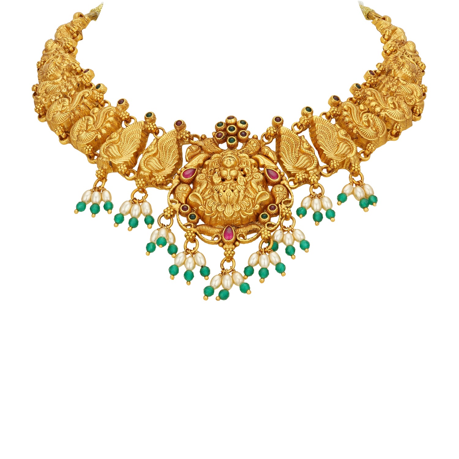 Golden Goddess Lakshmi Peacock Motif Accent 925 Sterling Silver Pearl Drop Necklace for Women
