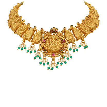 Golden Goddess Lakshmi Peacock Motif Accent 925 Sterling Silver Pearl Drop Necklace for Women