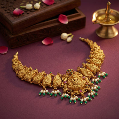 Golden Goddess Lakshmi Peacock Motif Accent 925 Sterling Silver Pearl Drop Necklace for Women