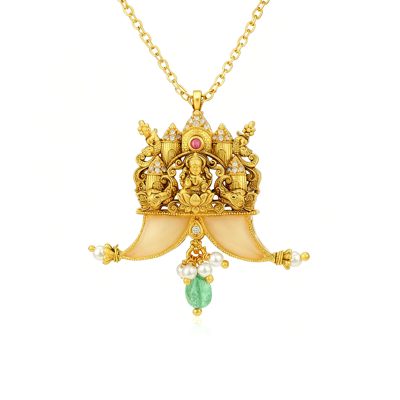 Golden Goddess Lakshmi Ratha Motif 925 Sterling Silver Pearl Drop Pendant for Women