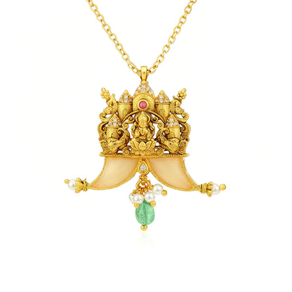 Golden Goddess Lakshmi Ratha Motif 925 Sterling Silver Pearl Drop Pendant for Women