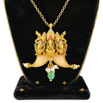 Golden Goddess Lakshmi Ratha Motif 925 Sterling Silver Pearl Drop Pendant for Women