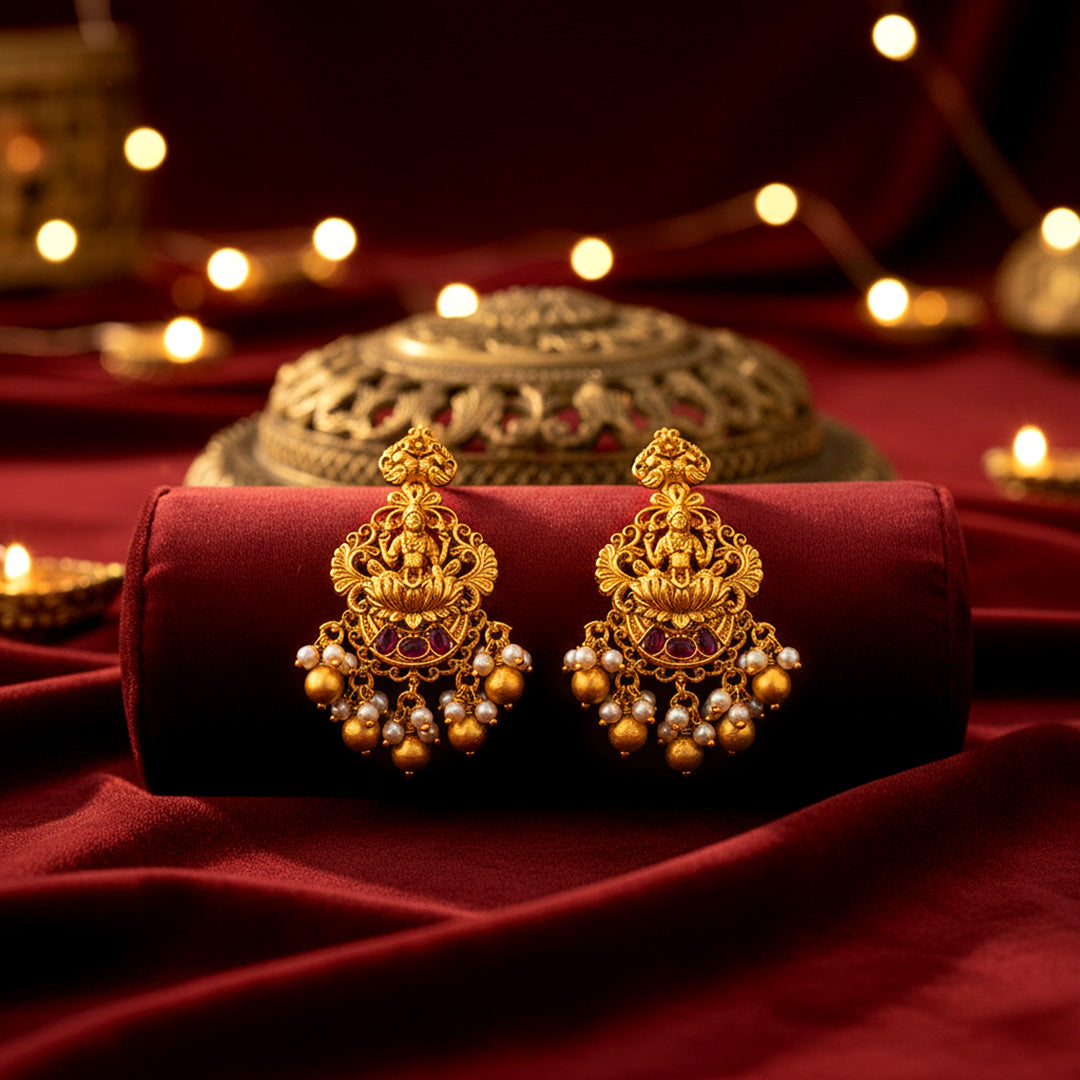 Golden Goddess Lakshmi Seated on Lotus Pink Stone 925 Sterling Silver Gold Drop Earring for Women