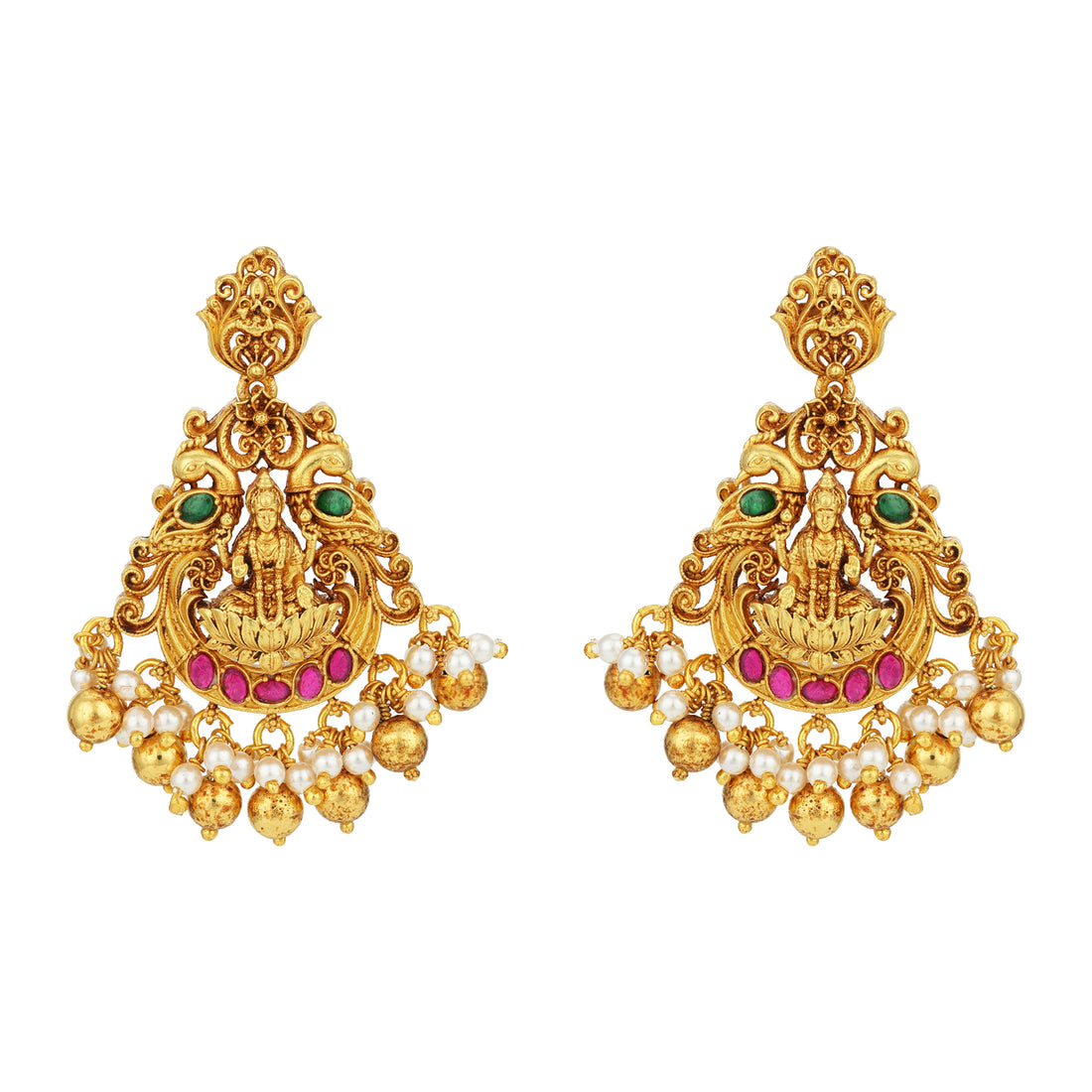 Golden Goddess Lakshmi Seated on Pink Lotus Between Two Green Peacocks 925 Sterling Silver Pearl Drop Chandbali Earrings for Women
