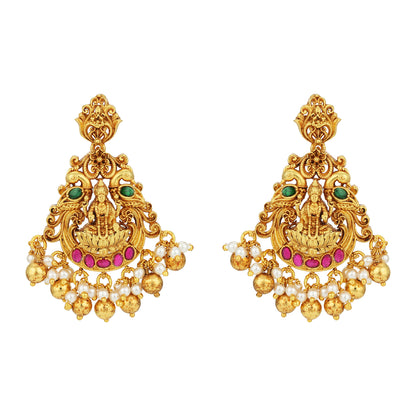 Golden Goddess Lakshmi Seated on Pink Lotus Between Two Green Peacocks 925 Sterling Silver Pearl Drop Chandbali Earrings for Women