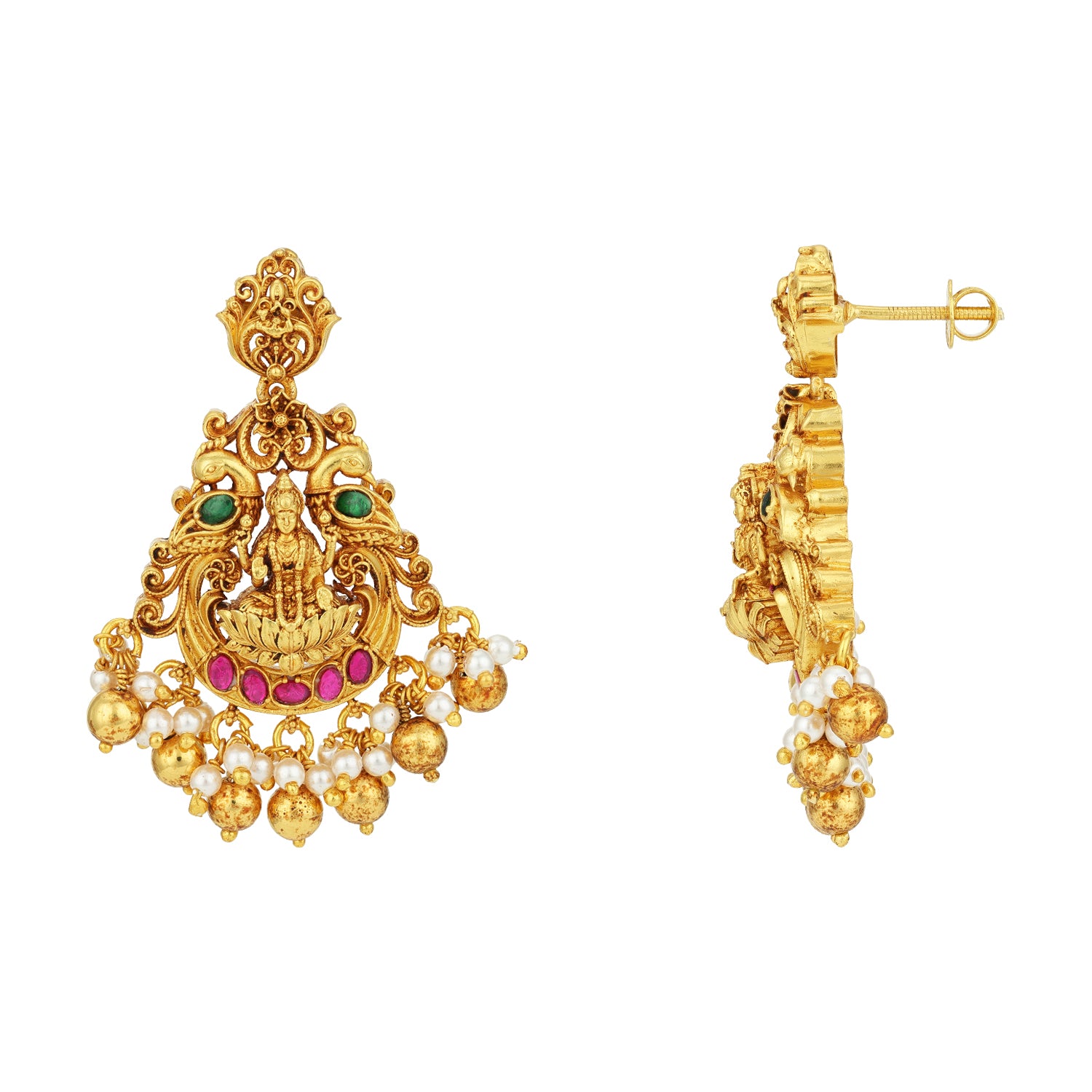 Golden Goddess Lakshmi Seated on Pink Lotus Between Two Green Peacocks 925 Sterling Silver Pearl Drop Chandbali Earrings for Women