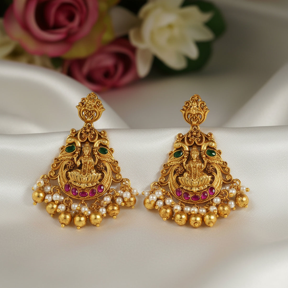 Golden Goddess Lakshmi Seated on Pink Lotus Between Two Green Peacocks 925 Sterling Silver Pearl Drop Chandbali Earrings for Women