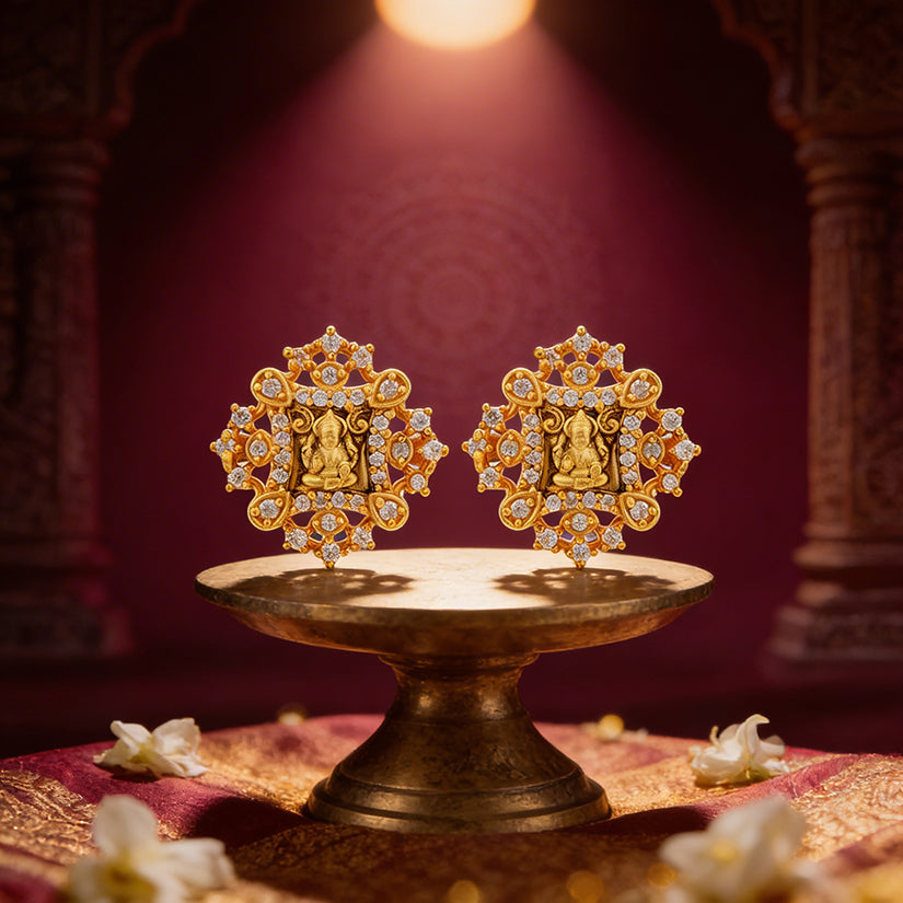 Golden Goddess Lakshmi Square Frame 925 Sterling Silver Earring for Women