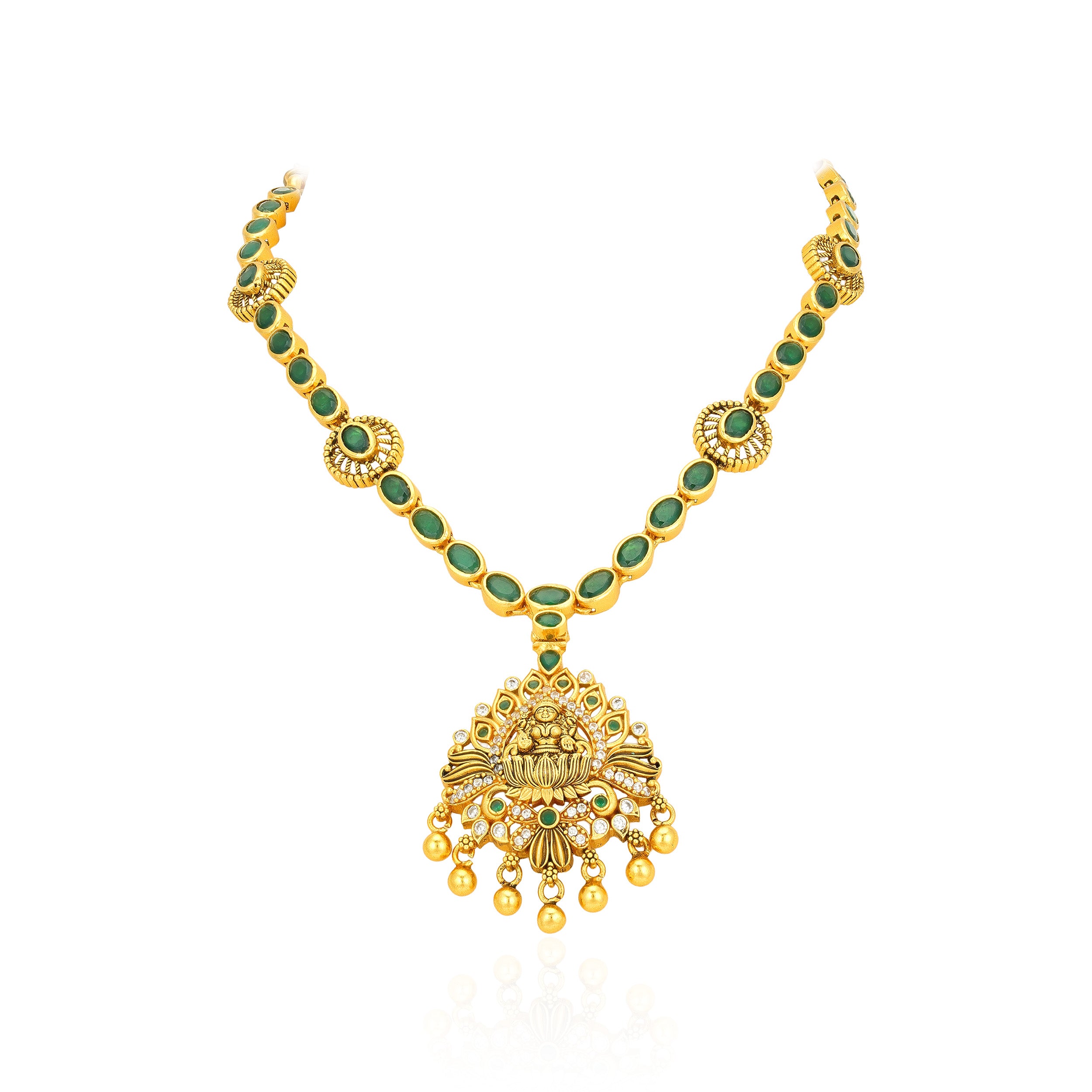 Golden Grand Lakshmi Temple Green Stone 925 Sterling Silver Gold Drop Short Haram for Women