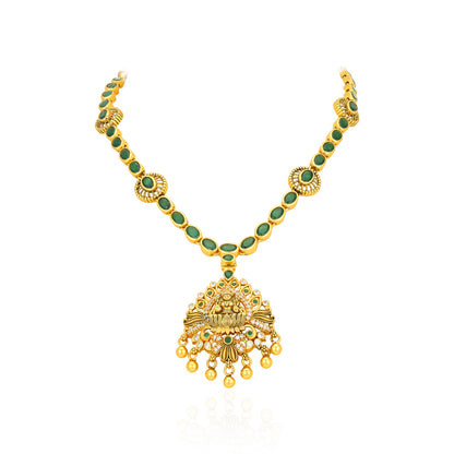Golden Grand Lakshmi Temple Green Stone 925 Sterling Silver Gold Drop Short Haram for Women
