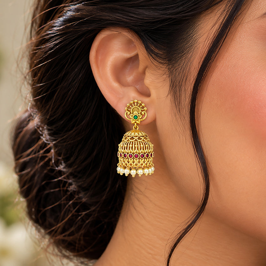 Golden Green Floral Pink Stone Accent Dome 925 Sterling Silver Pearl Drop Jhumka for Women