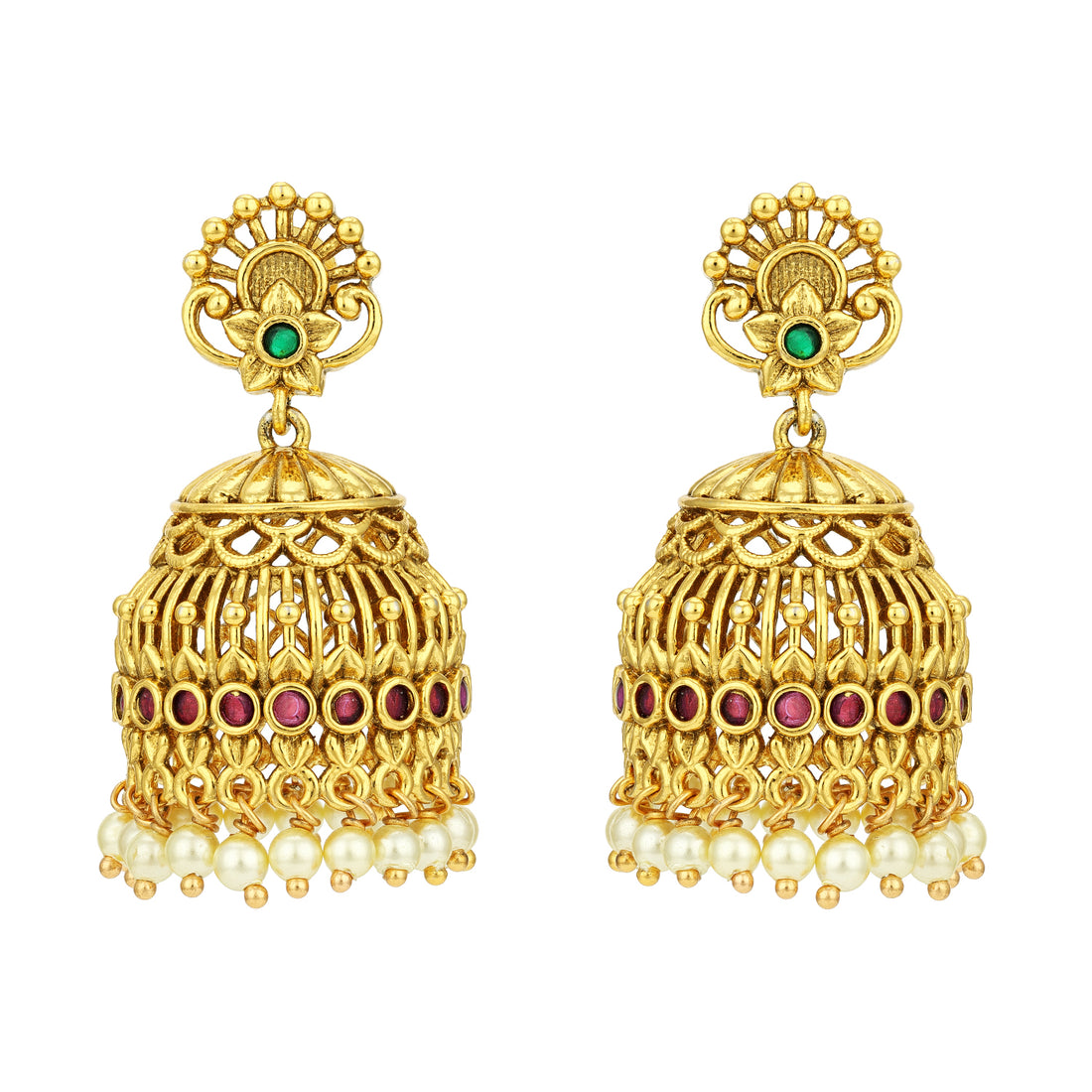 Golden Green Floral Pink Stone Accent Dome 925 Sterling Silver Pearl Drop Jhumka for Women