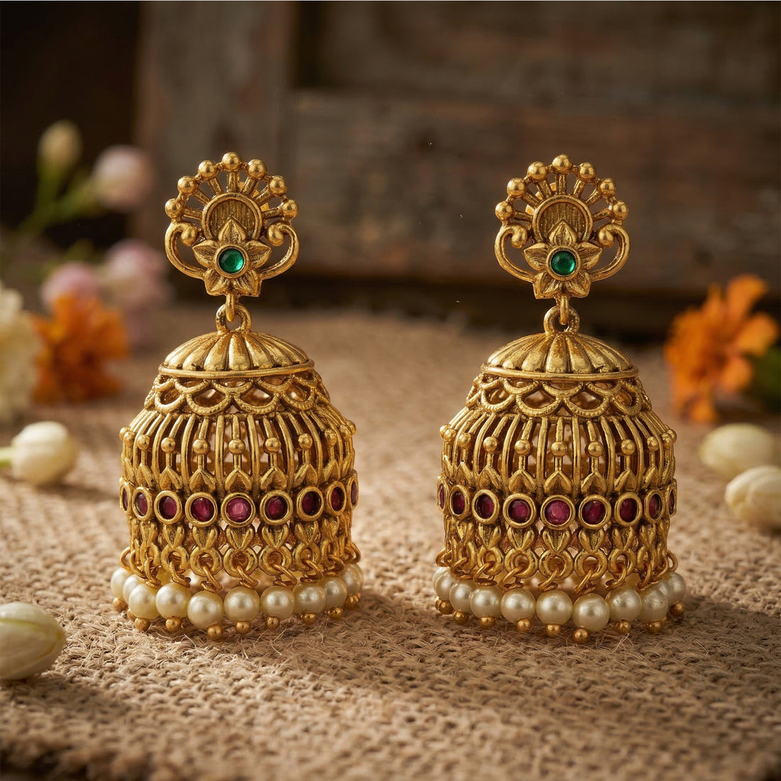 Golden Green Floral Pink Stone Accent Dome 925 Sterling Silver Pearl Drop Jhumka for Women