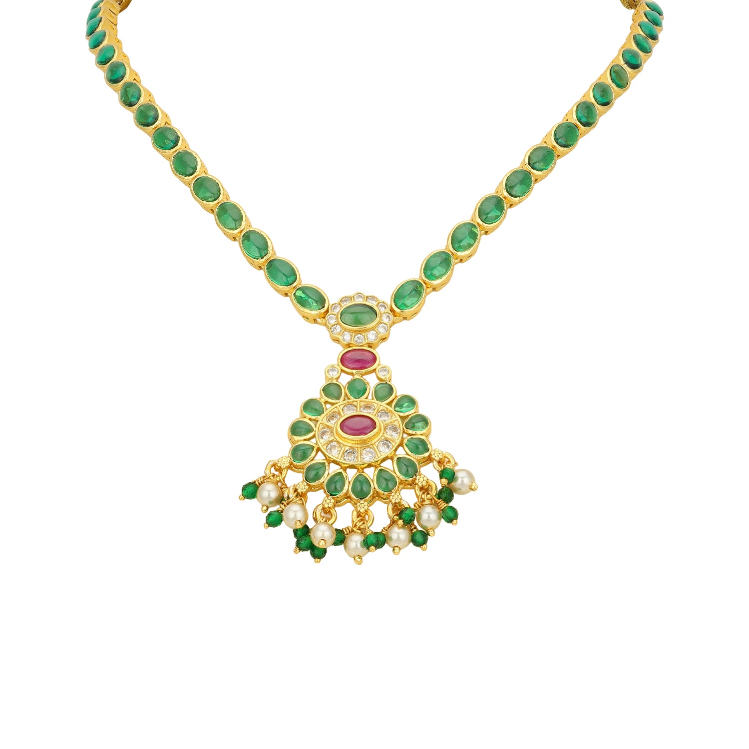 Golden Green Stone Accent 925 Sterling Silver Floral Drop Short Haram for Women